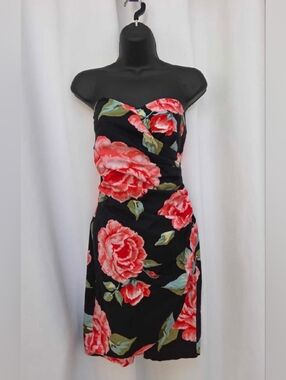 Strapless Black Floral Sheath Dress with Pink Rose Print - Size 9/10 Medium